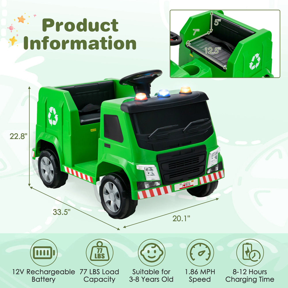 Side view of the green 12V kids ride-on garbage truck showcasing the wide seat, footrest, and safety belt for.