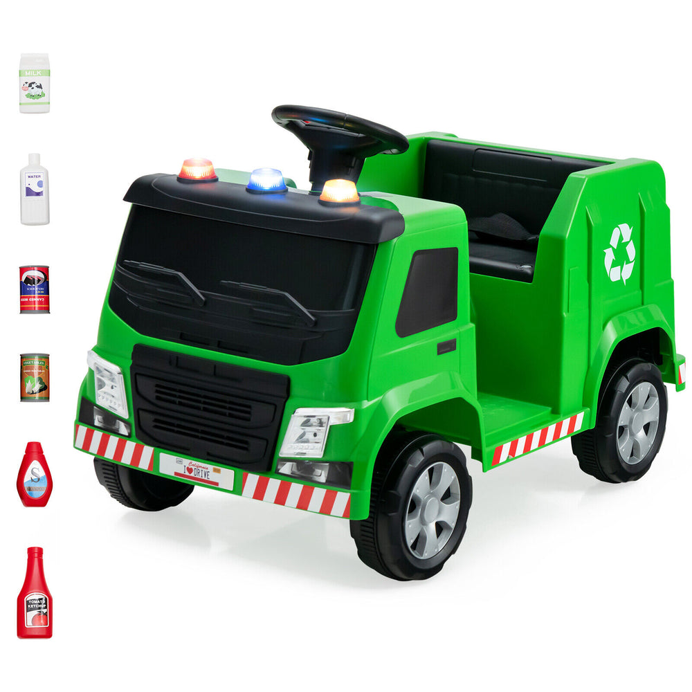 Green 12V kids ride-on garbage truck with warning lights, recycling accessories, and safety features for fun outdoor.