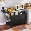 Outdoor grill cart with black stainless steel top, featuring storage cabinet, open shelf, and foldable side table for.