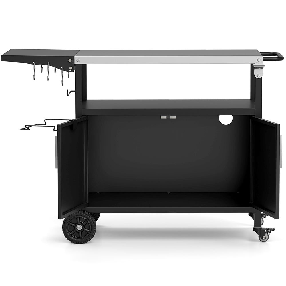 Outdoor grill cart in black with folding stainless steel top, storage cabinet, and wheels for easy mobility.