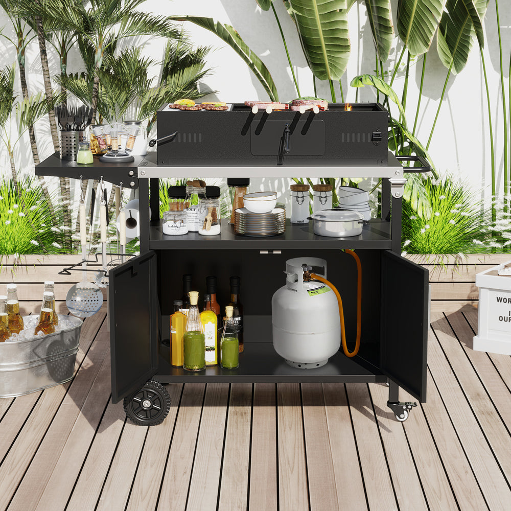 Outdoor grill cart with folding stainless steel top, ample storage, and wheels for easy mobility, perfect for outdoor.