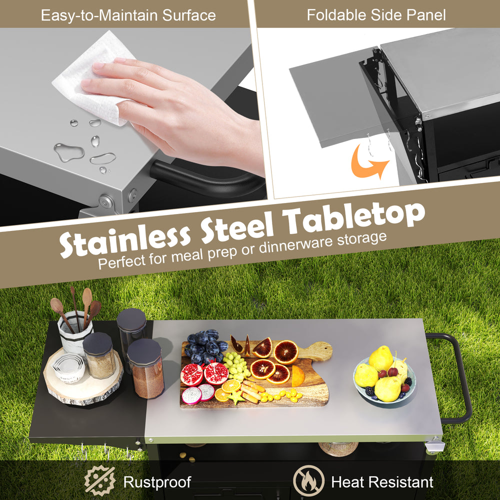 Folding stainless steel tabletop grill cart with storage, perfect for meal prep and outdoor parties.