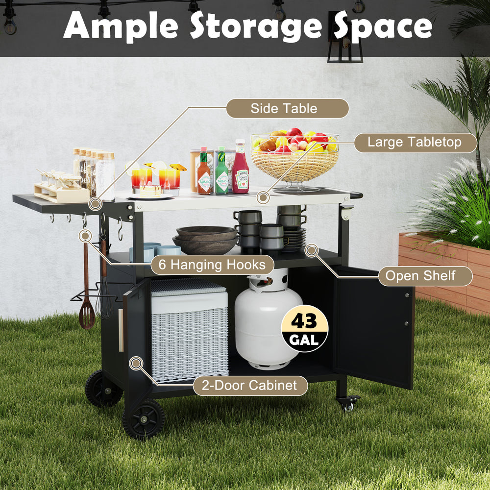 Outdoor grill cart with stainless steel top, featuring ample storage, side table, and 2-door cabinet for outdoor.