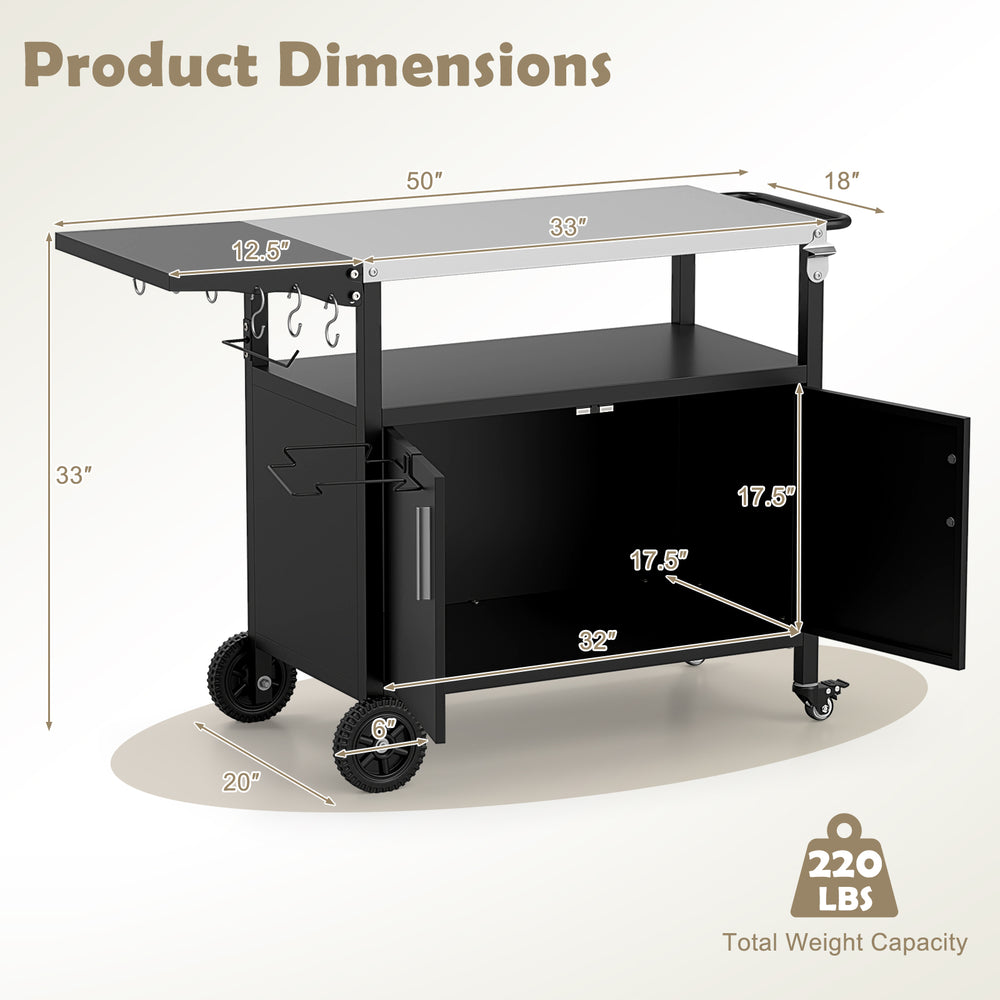 Outdoor grill cart with storage, folding stainless steel top, and ample space for outdoor meal prep and convenience.