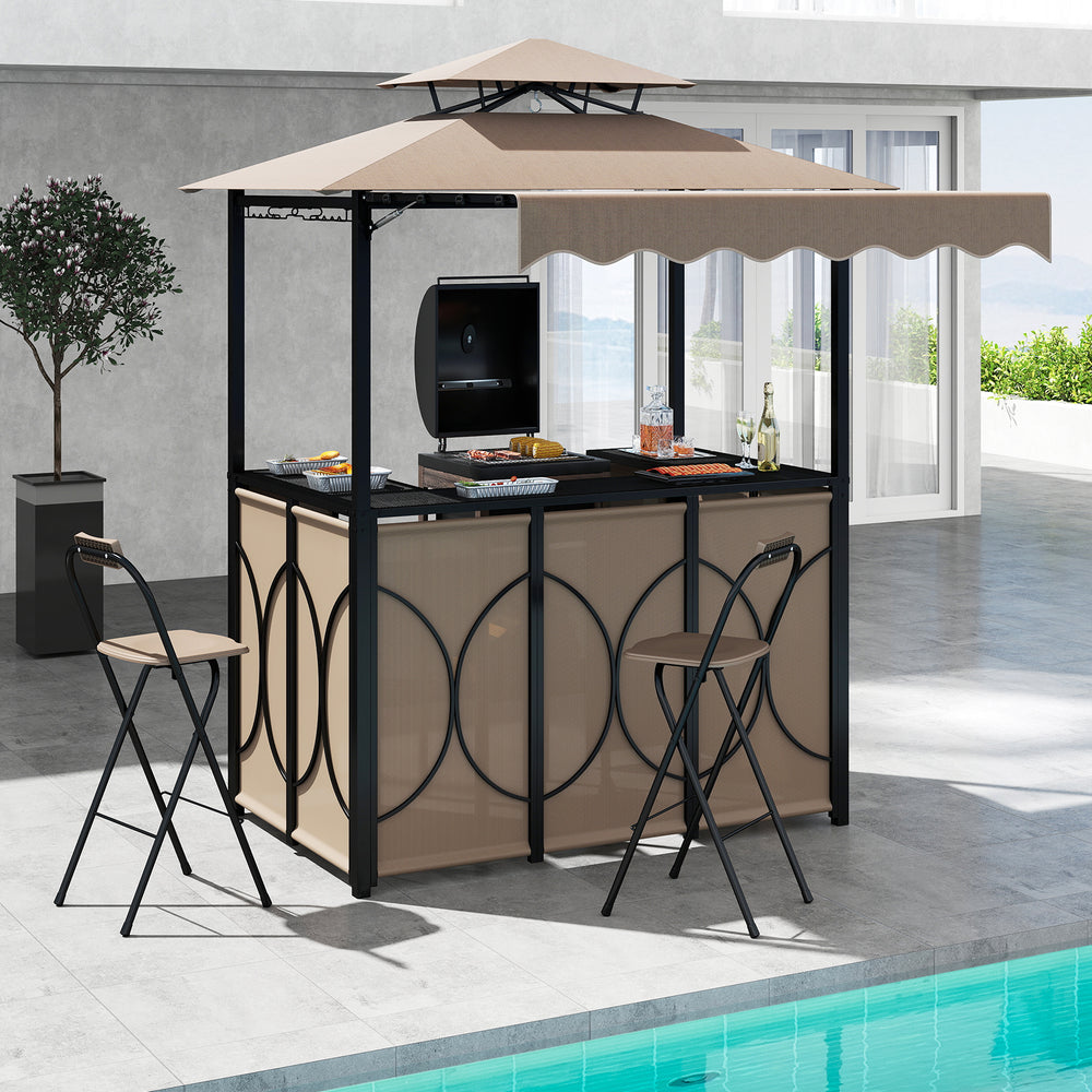 Grill gazebo with awning, double-tier canopy, and two foldable bar chairs for outdoor BBQ gatherings.