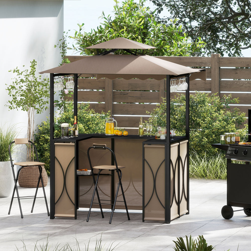 Grill gazebo with double-tier soft top, side awning, and two foldable bar chairs for outdoor BBQ enjoyment.