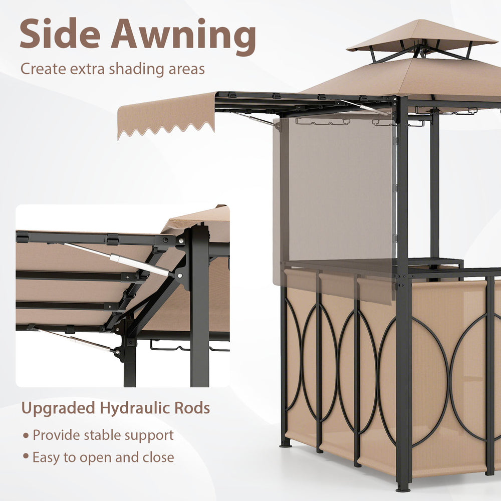 Side awning of the Grill Gazebo with hydraulic rods for easy shade expansion, ideal for outdoor BBQ setups.