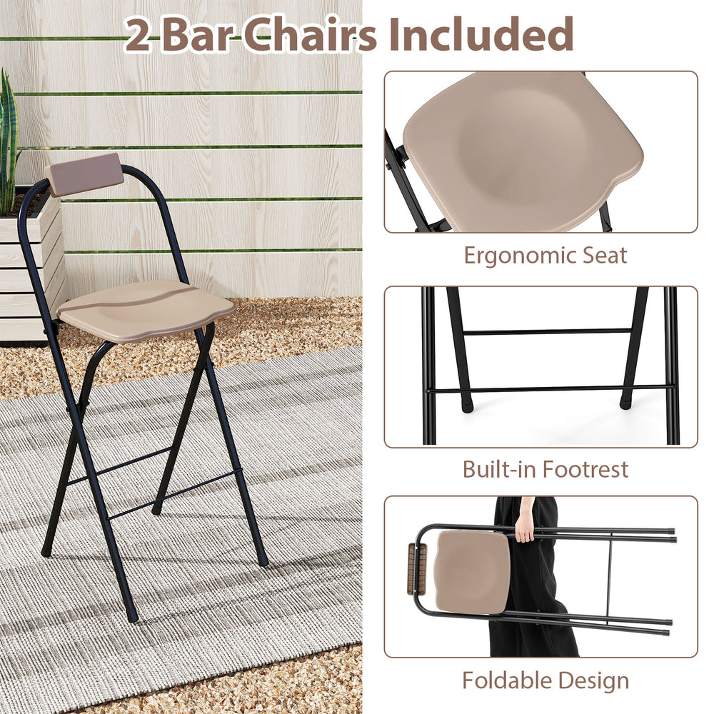 Two ergonomic bar chairs with built-in footrest, foldable design for easy storage, perfect for outdoor relaxation.