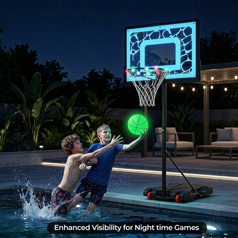 Pool basketball hoop with LED lights for night training, featuring adjustable height and shatter-proof backboard for stability.
