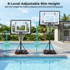 Adjustable pool basketball hoop with LED lights, featuring 8 height levels for different players and a stable design.