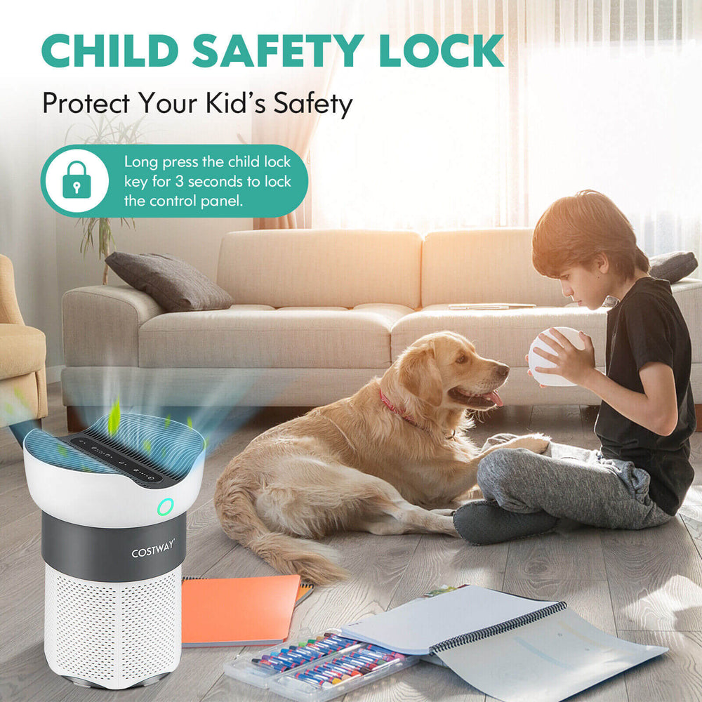 Air purifier with child safety lock, 3-stage filtration, and 1300 sq. ft. coverage, ideal for home and office use.
