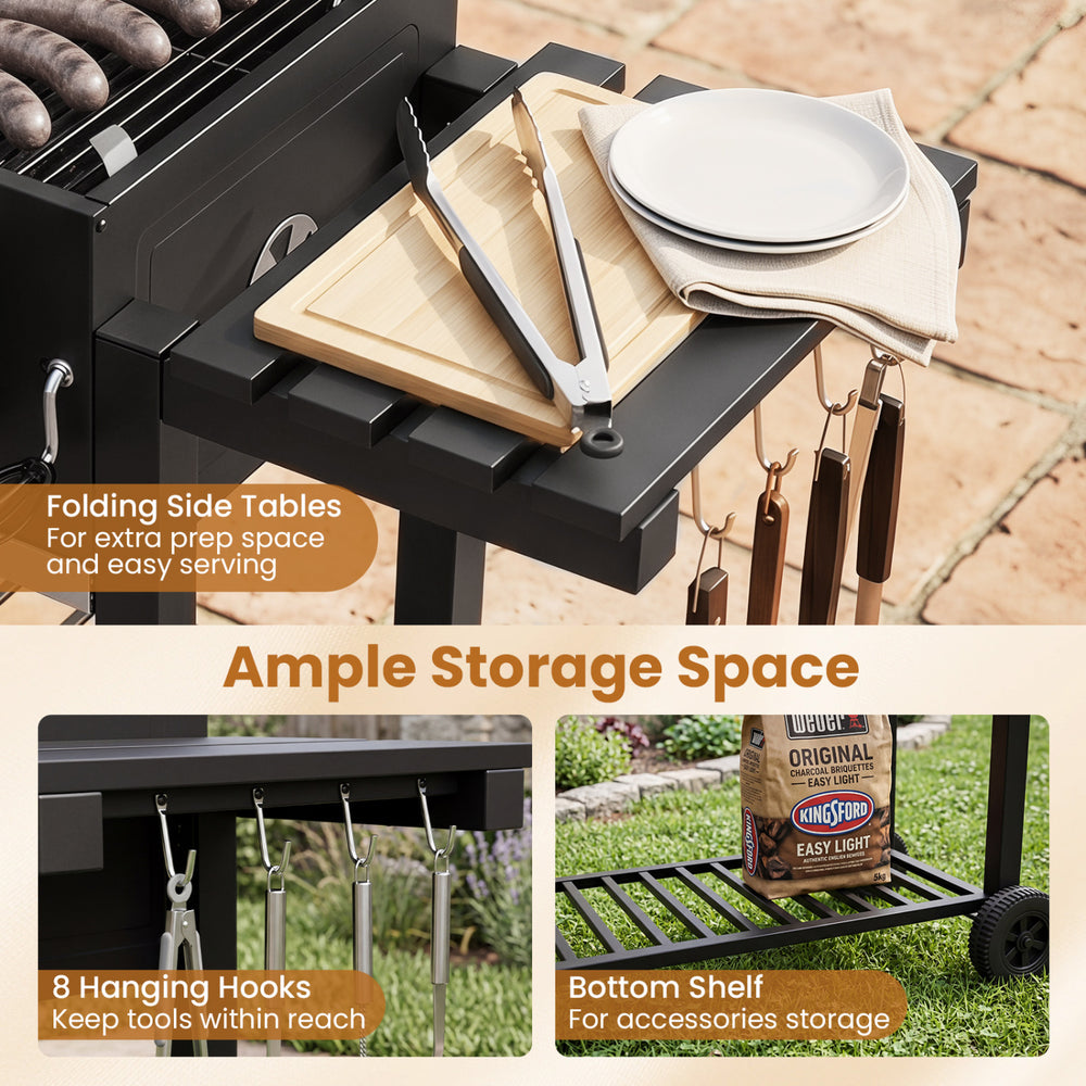 Large charcoal grill with folding side tables, 8 hanging hooks, and bottom shelf for outdoor cooking convenience.
