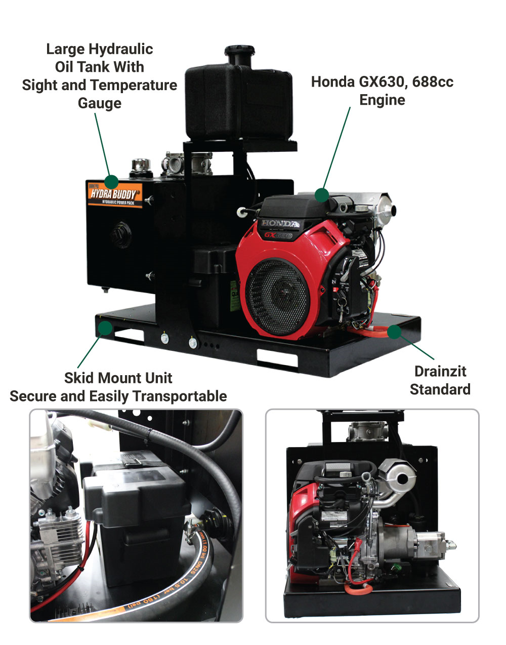 Brave Hydraulic Power Pack Hydra Buddy 2000 PSI 14 GPM with Honda GX630 Engine Skid Mount Electric Start HBHS620GXE New