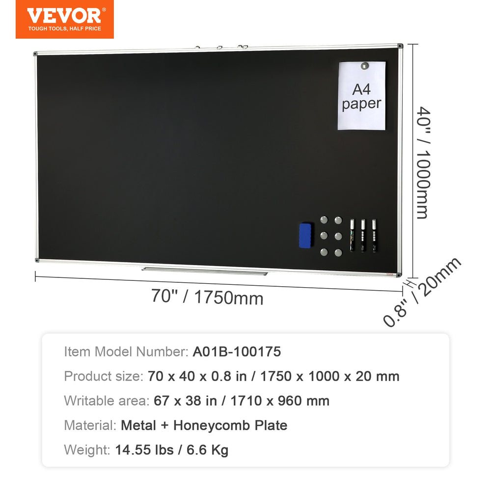 Vevor Blackboard 70" x 40" Wall-Mounted Magnetic Dry Erase Board Black Surface New