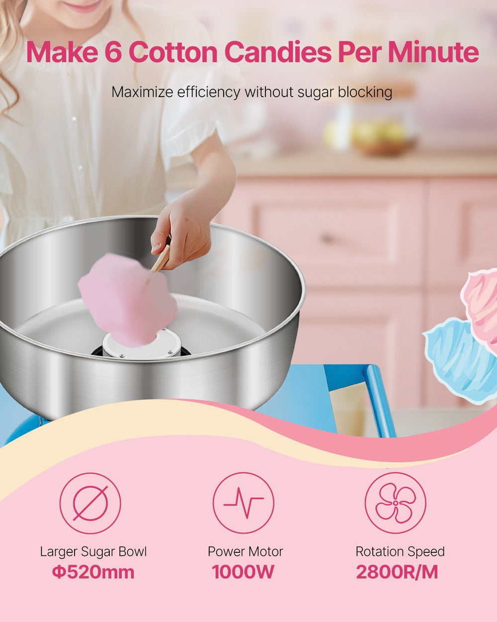 Vevor Cotton Candy Machine with Cart 1000W Commercial with Temp Control and Storage Box New