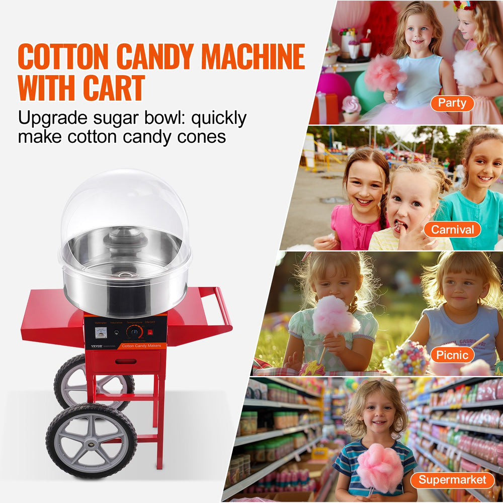 Vevor Cotton Candy Machine with Cart 1000W Commercial Stainless Steel Bowl with Cover New