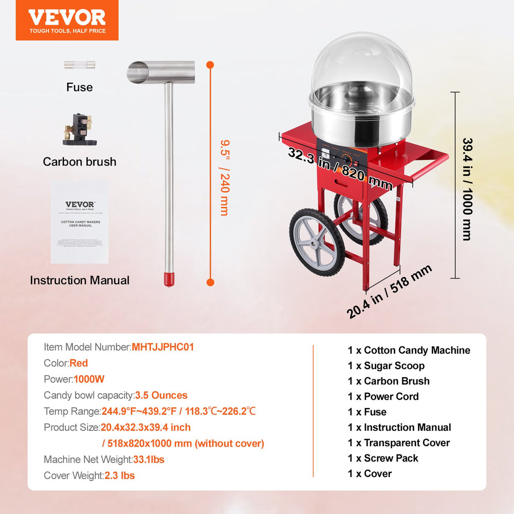 Vevor Cotton Candy Machine with Cart 1000W Commercial Stainless Steel Bowl with Cover New