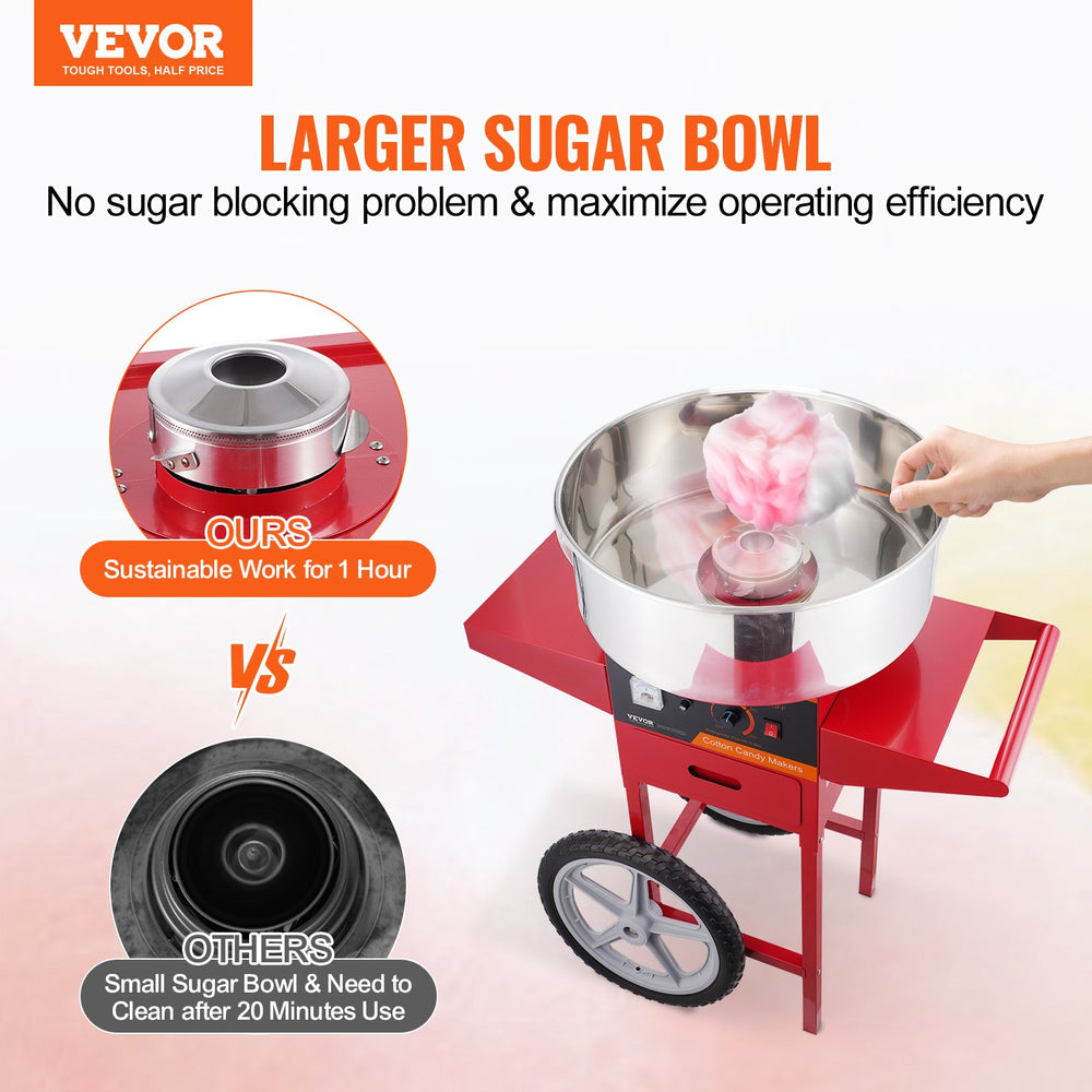 Vevor Cotton Candy Machine with Cart 1000W 244-439°F Stainless Steel Bowl with Sugar Scoop and Drawer New