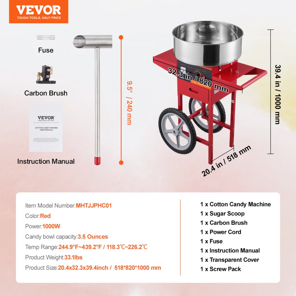 Vevor Cotton Candy Machine with Cart 1000W 244-439°F Stainless Steel Bowl with Sugar Scoop and Drawer New