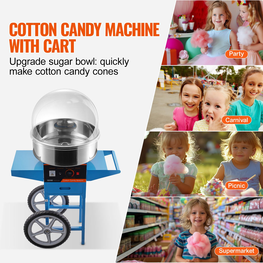 Vevor Cotton Candy Machine with Cart 1000W Commercial Stainless Steel Bowl with Cover New