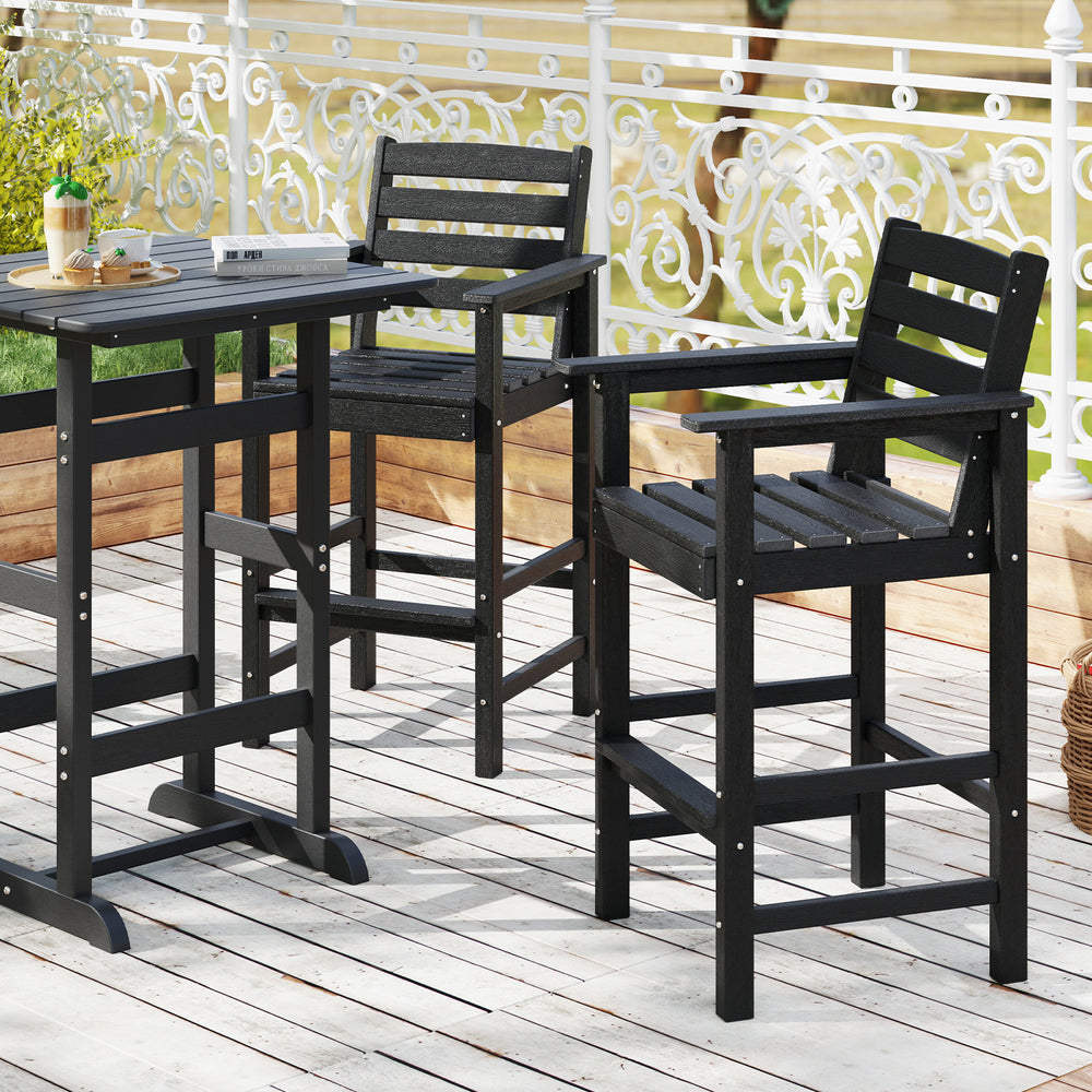 Black HDPE Adirondack bar chairs set of 2 with wide armrests, ideal for 39.5" to 45.5" bar height tables.