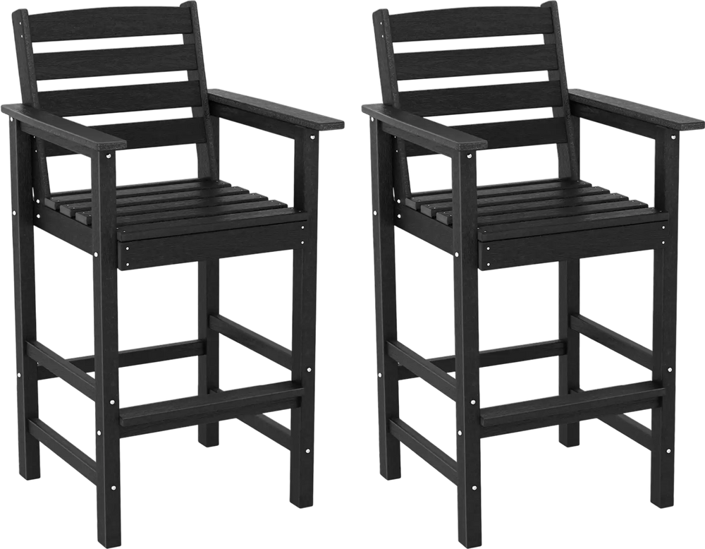 Set of 2 black HDPE Adirondack bar chairs with wide armrests, ideal for 39.5" to 45.5" bar height tables.