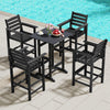 Black HDPE Adirondack bar chair set with wide armrests, ideal for 39.5" to 45.5" bar height tables in outdoor spaces.