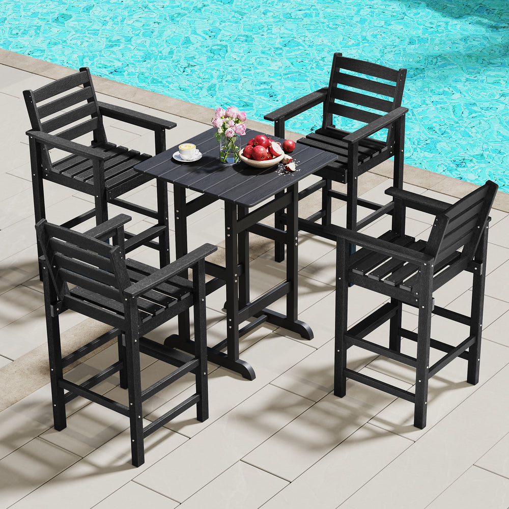 Black HDPE Adirondack bar chair set with wide armrests, ideal for 39.5" to 45.5" bar height tables in outdoor spaces.