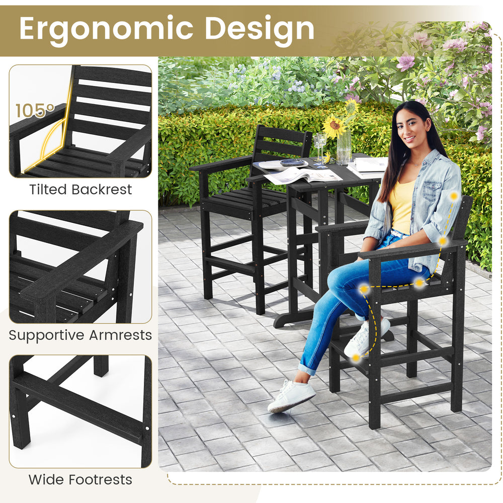 Black HDPE Adirondack bar chair with wide armrests and tilted backrest, ideal for backyard and porch use.