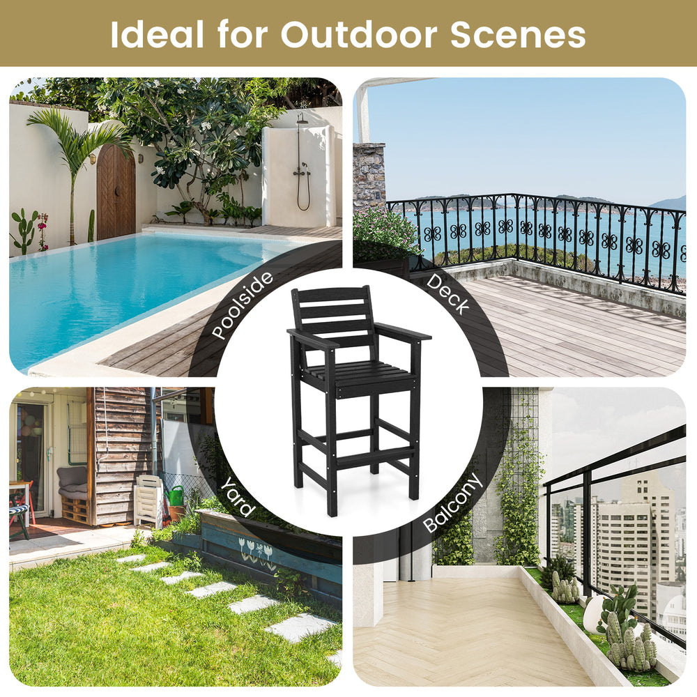 Black HDPE Adirondack bar chairs set of 2 with wide armrests, ideal for outdoor use on patios, decks, and balconies.