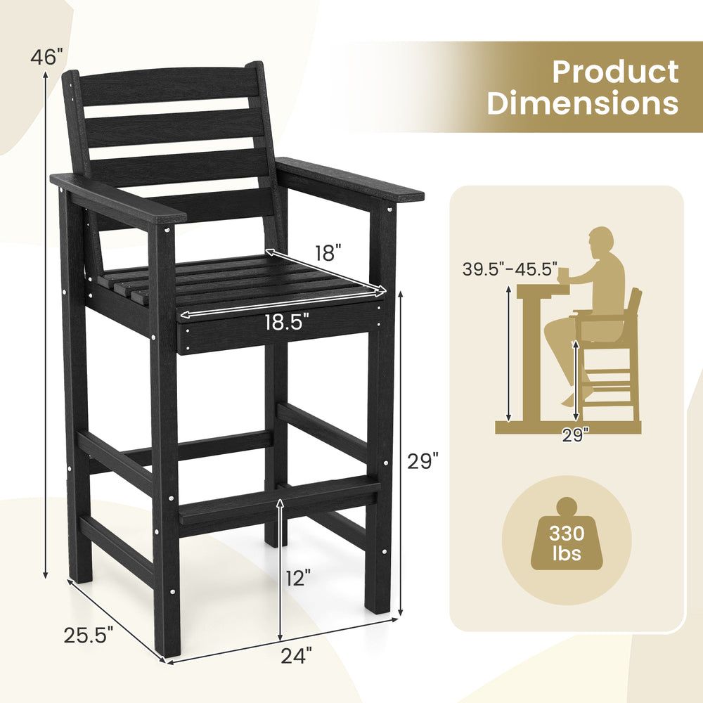 Black HDPE Adirondack bar chair with wide armrests, slatted seat, and adjustable height for outdoor use.