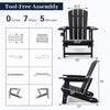 Detailed assembly guide for HDPE Adirondack chair, featuring tool-free setup and dimensions for backyard use.