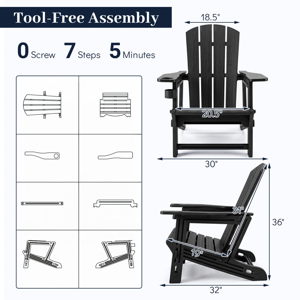 Detailed assembly guide for HDPE Adirondack chair, featuring tool-free setup and dimensions for backyard use.