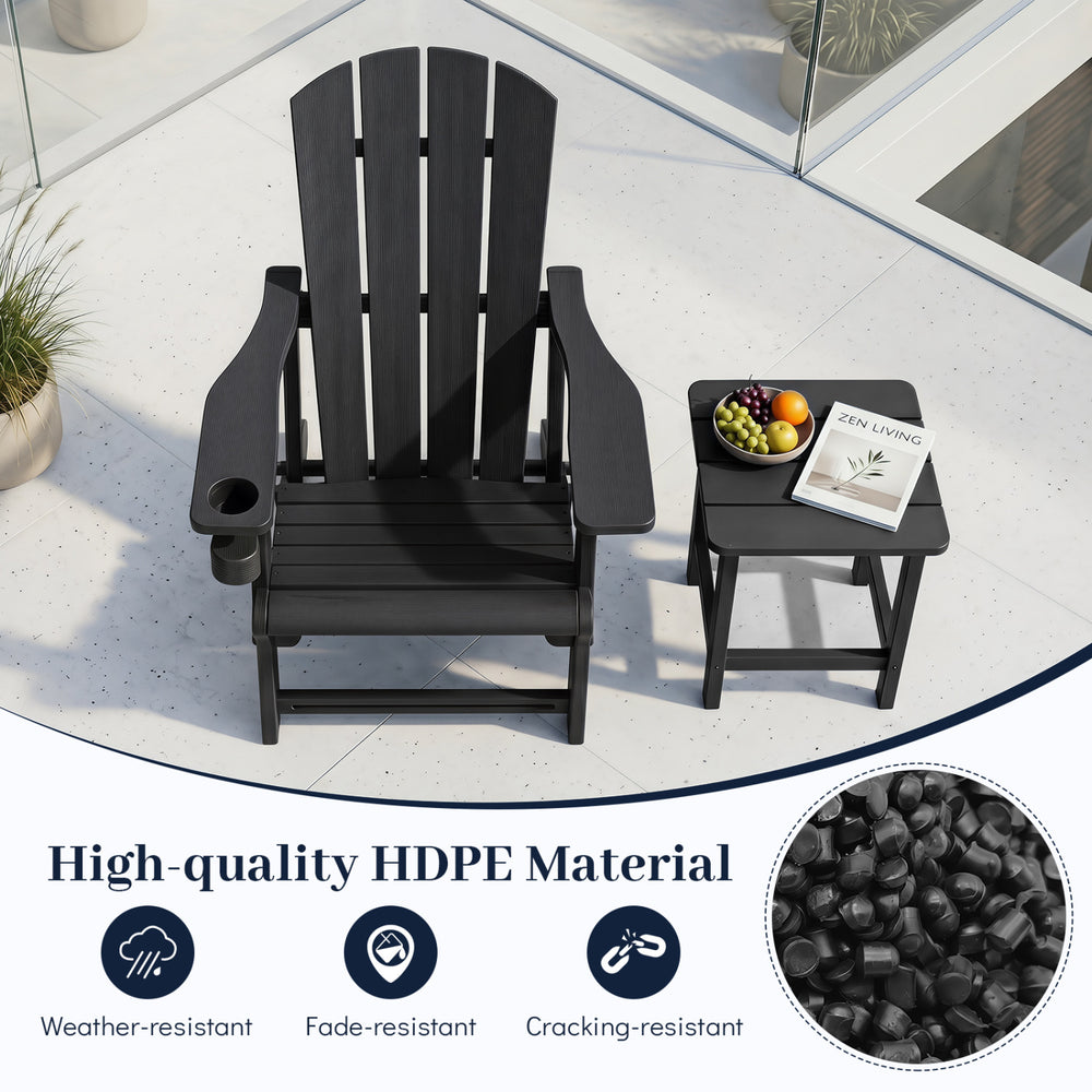 Black HDPE Adirondack chair with realistic wood grain and built-in cup holder, perfect for backyard relaxation.