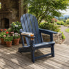 Adirondack chair in blue HDPE with cup holder, featuring a wood-like texture, perfect for patio relaxation.