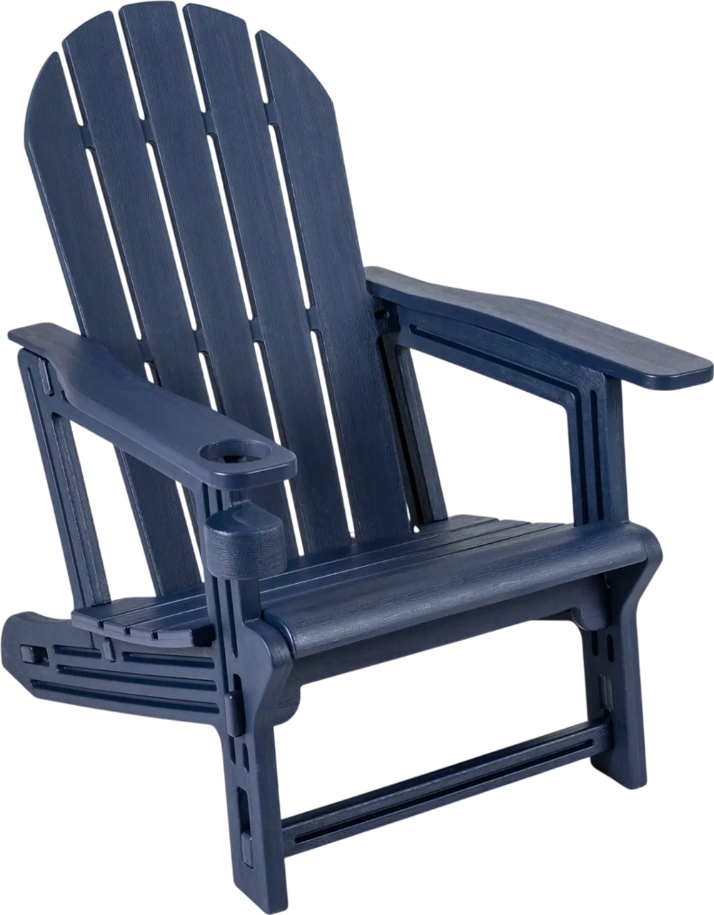 Navy blue HDPE Adirondack chair with cup holder features a wood-like texture, ideal for patio and outdoor relaxation.