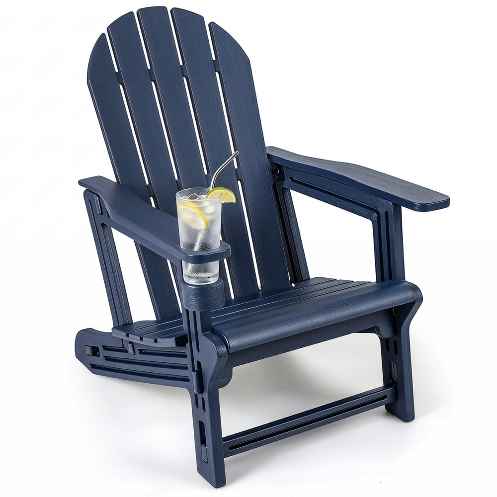 Navy blue HDPE Adirondack chair with a built-in cup holder showcases a smooth wood-like surface, ideal for outdoor spaces.