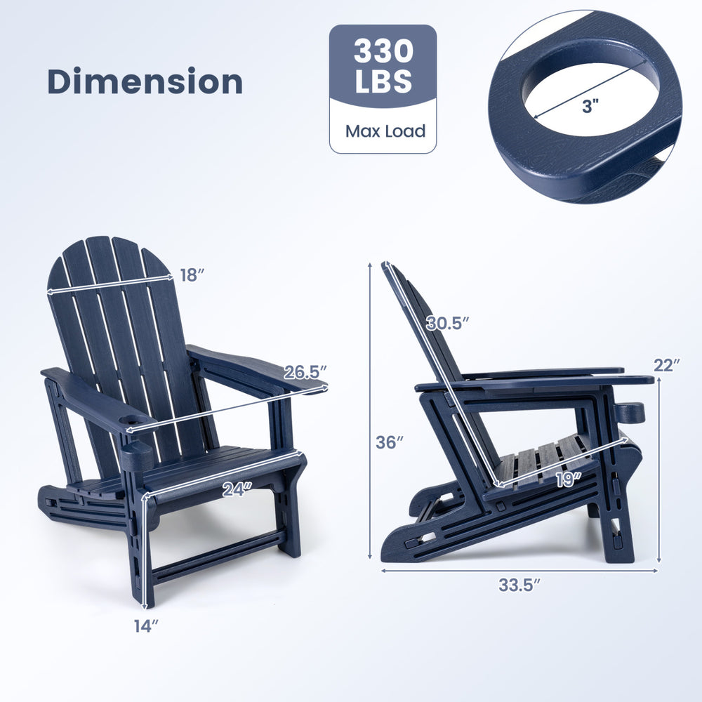 Ergonomic blue HDPE Adirondack chair with cup holder and wooden texture, perfect for patio and outdoor relaxation.