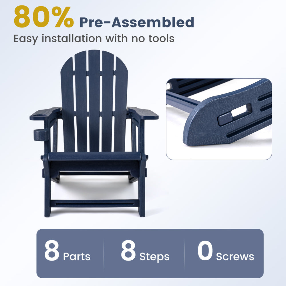 Blue HDPE Adirondack chair with cup holder features a wood-like texture, perfect for patio relaxation and easy maintenance.