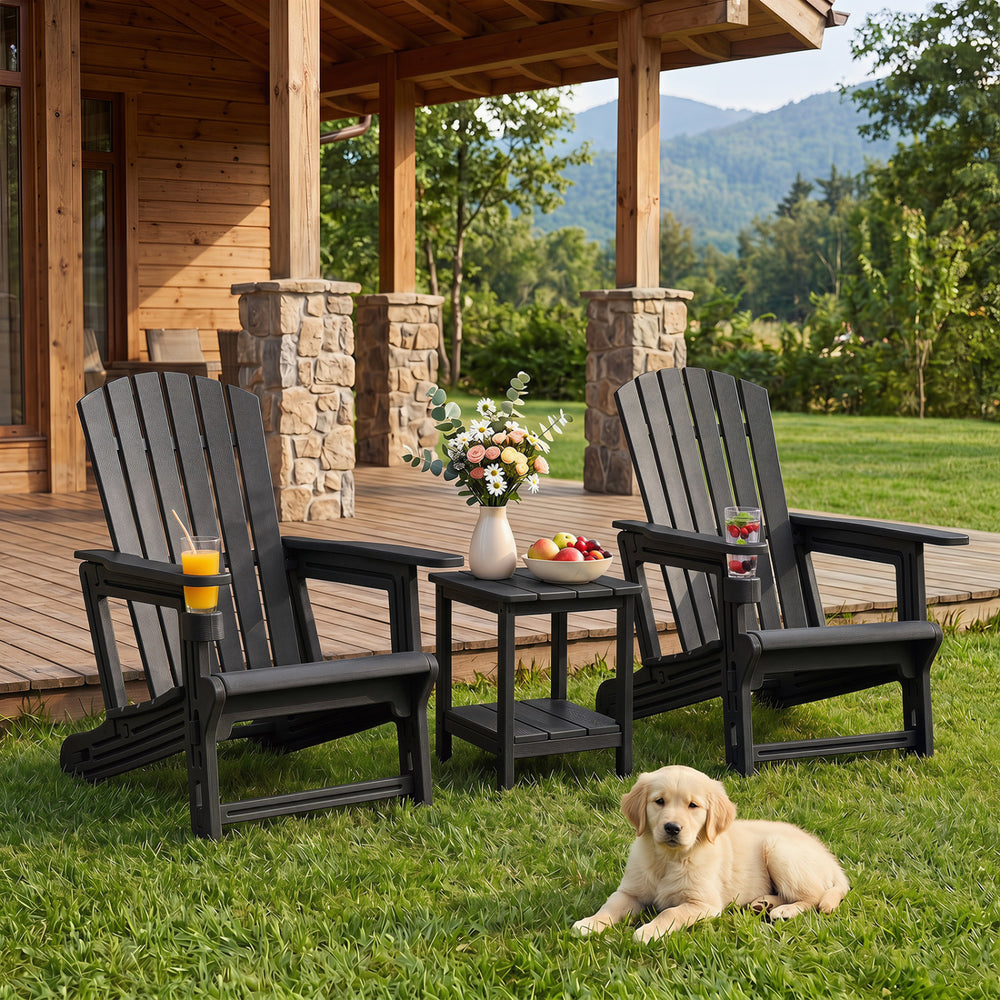 HDPE Adirondack Chair with Cup Holder and Wooden Texture for Patio-Black - Gallery View 1 of 10