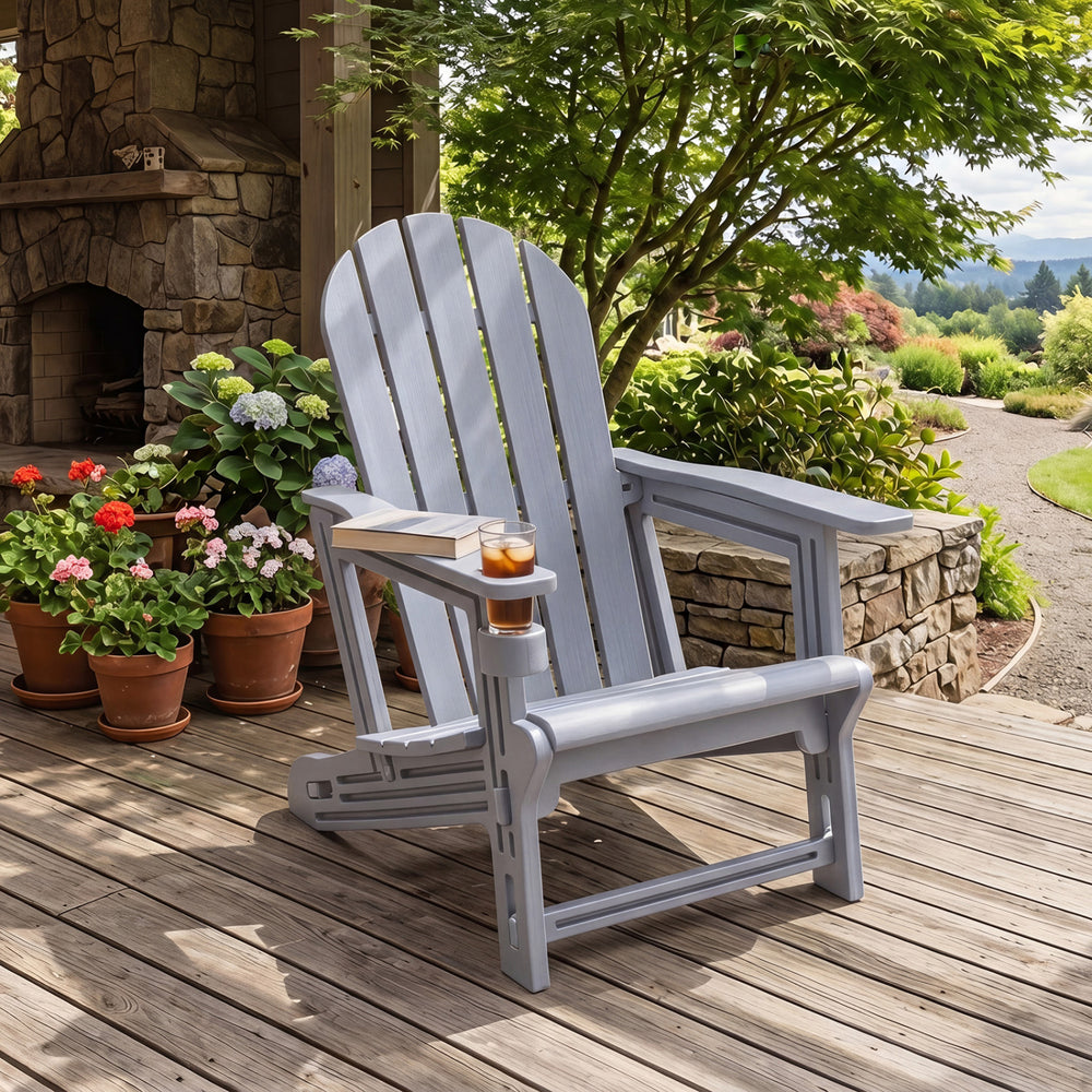HDPE Adirondack Chair with Cup Holder and Wooden Texture for Patio-Gray - Gallery View 1 of 9