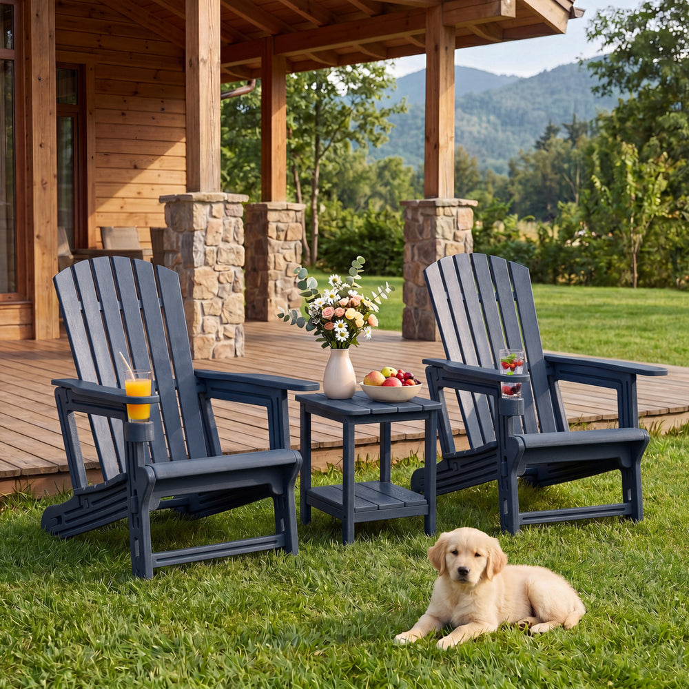 HDPE Adirondack Chair with Cup Holder and Wood-Like Texture High Back for Garden -Blue - Gallery View 1 of 10