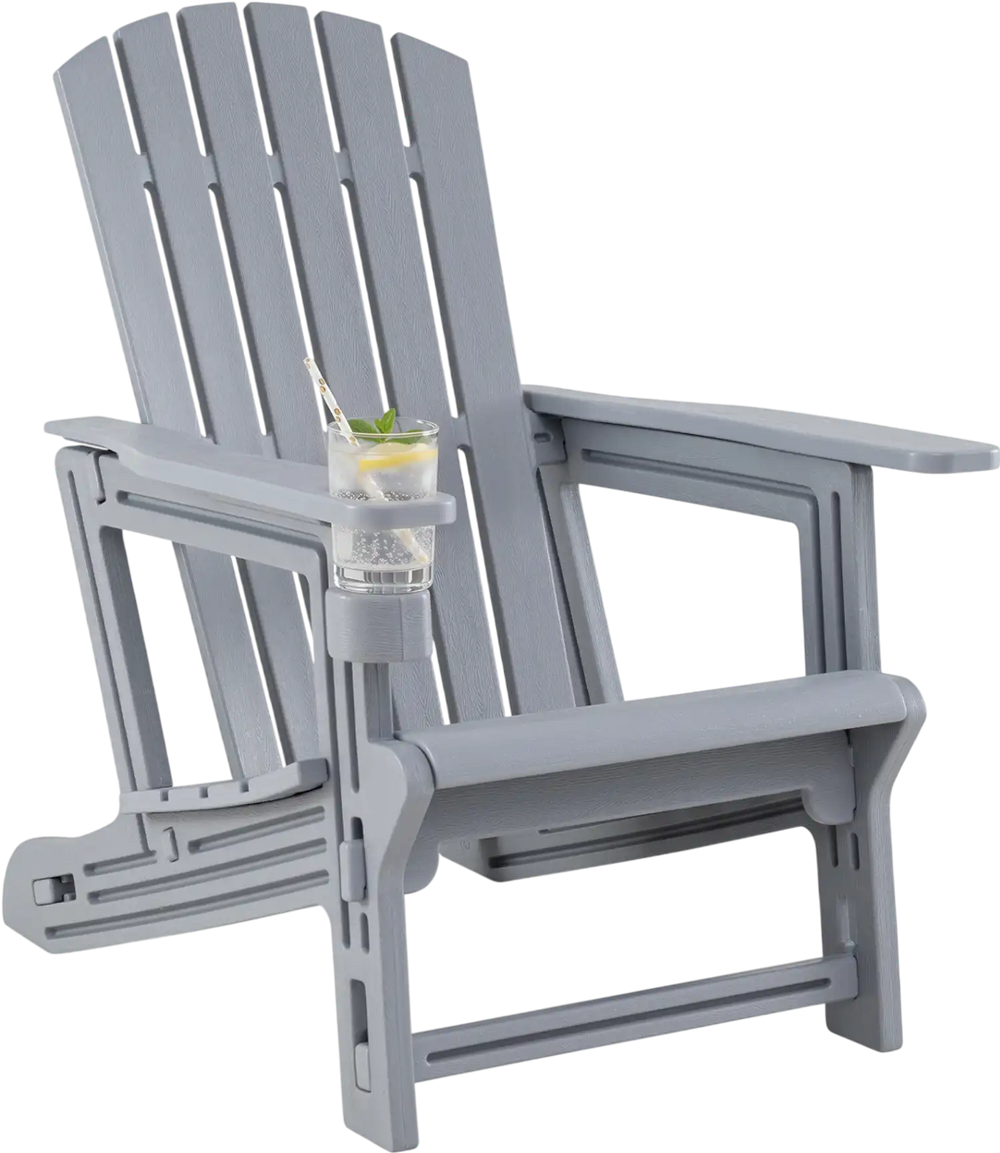 Gray HDPE Adirondack chair with cup holder and wood-like texture, ideal for relaxing in gardens or patios.