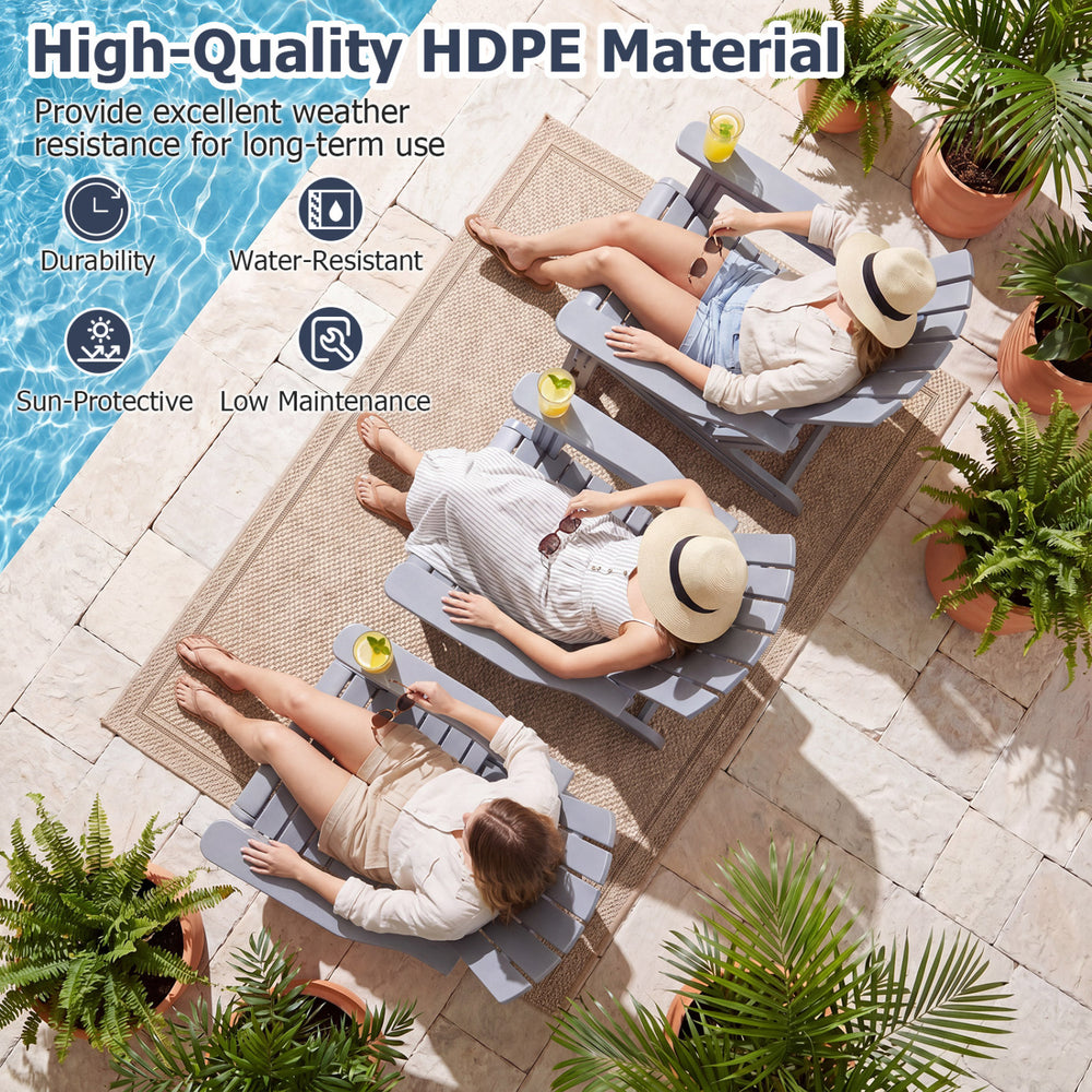 Gray HDPE Adirondack chair with cup holder features a wood-like texture, ideal for relaxing in gardens or by the pool.
