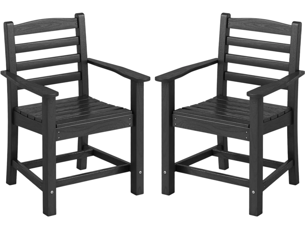 Black HDPE patio dining chairs set of 2 with wide armrests, slatted seats, and high backrests for outdoor relaxation.