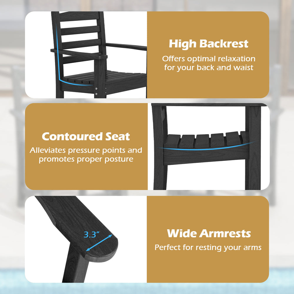 High backrest and wide armrests of HDPE patio dining chair set, designed for comfort and relaxation outdoors.