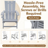 Gray HDPE outdoor Adirondack chair showcases snap-together parts for easy assembly without screws or drills.