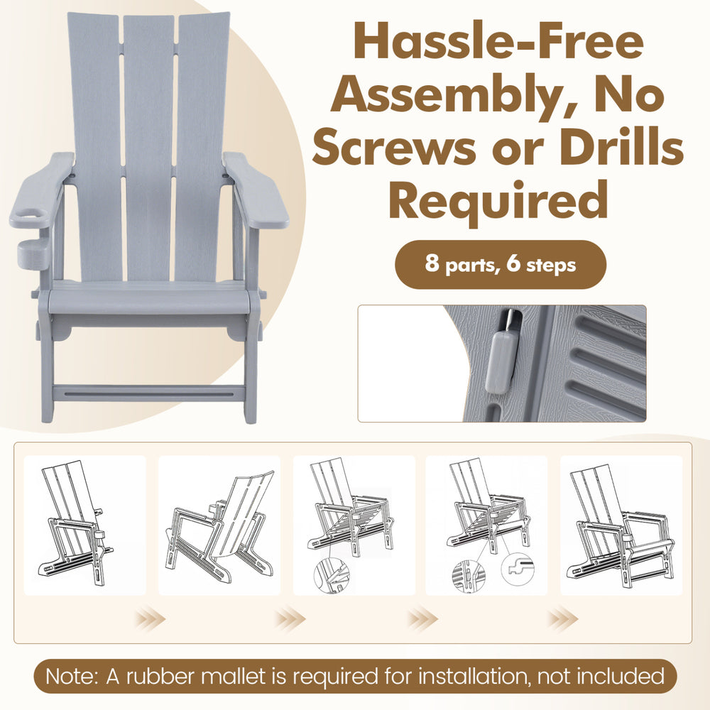 Gray HDPE outdoor Adirondack chair showcases snap-together parts for easy assembly without screws or drills.