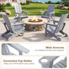 Gray HDPE outdoor Adirondack chair featuring wide armrests and a built-in cup holder for comfort by the fire pit.