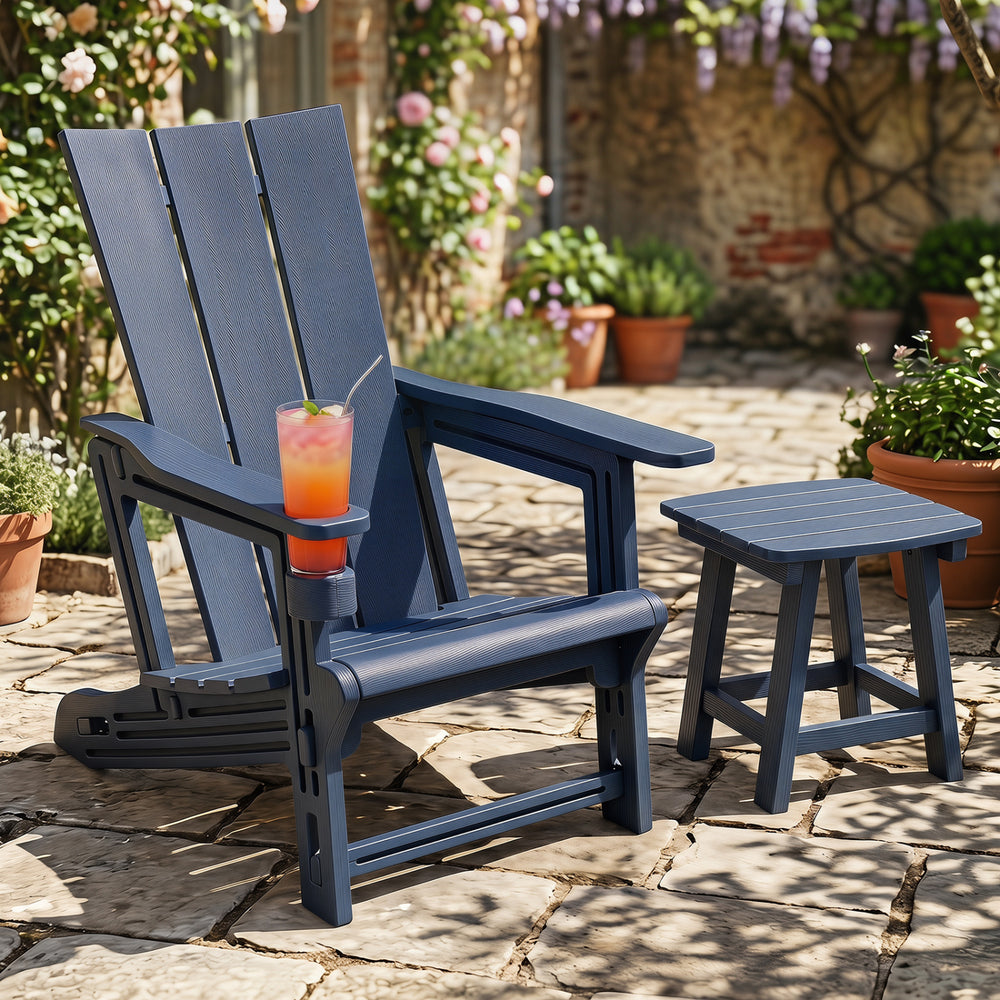 HDPE Outdoor Adirondack Chairs with Cup Holder-Blue - Gallery View 1 of 11
